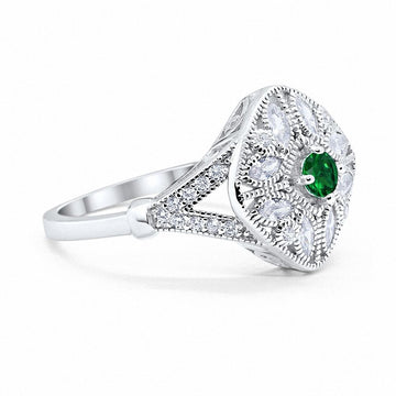 Art Deco Ring Marquise Filigree Simulated Green Emerald CZ 925 Sterling Silver